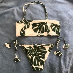 Leaf print cheeky bandeau bikini